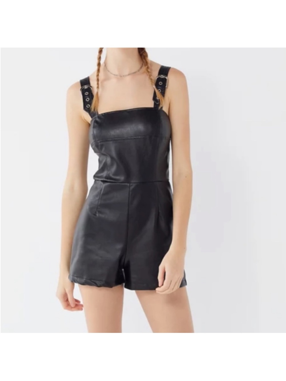 NEW Urban Outfitters Black Faux Leather Buckle-Strap Romper